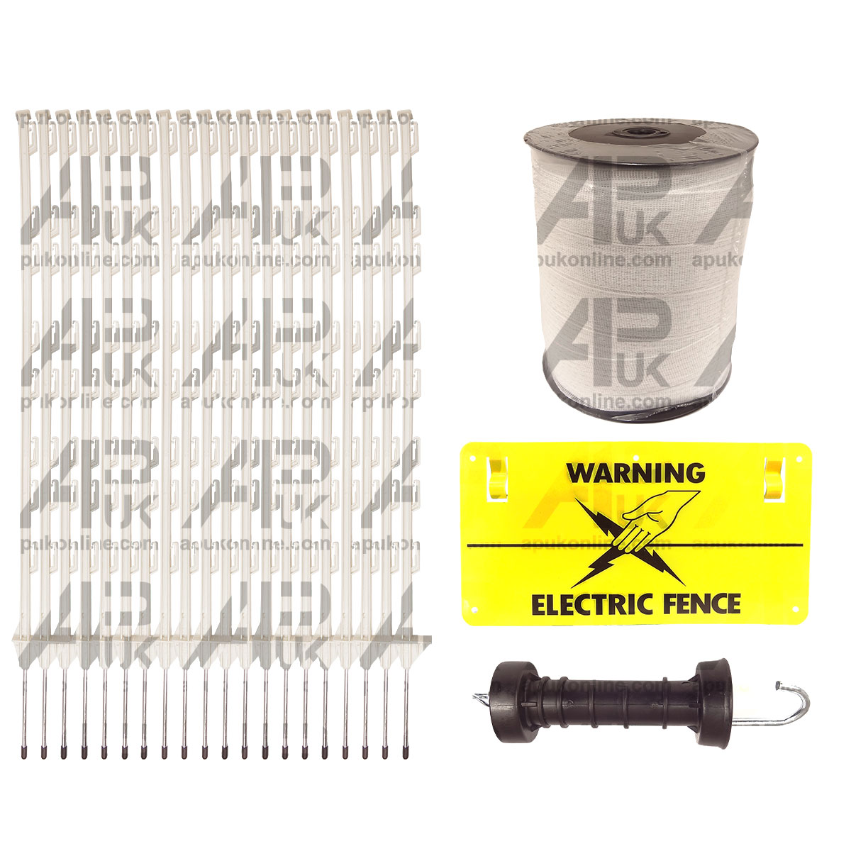 Electric Fence 200m x 40mm White Tape Kit 20 x 4 ft Poly posts Sign Gate Handle