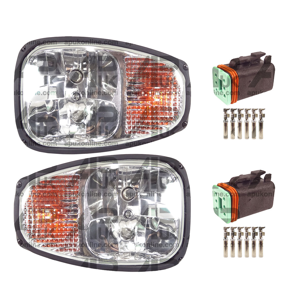 PAIR of Front Headlights Headlamps Lamp &amp; Male Plugs for JCB 2CX 3CX 4CX Backhoe