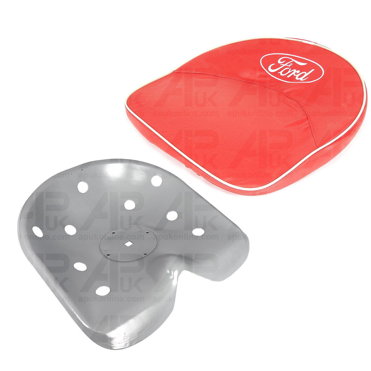 Metal Seat Pan &amp; Padded Cushion Pillow Cover RED &amp; Logo for Ford 600 601 Tractor