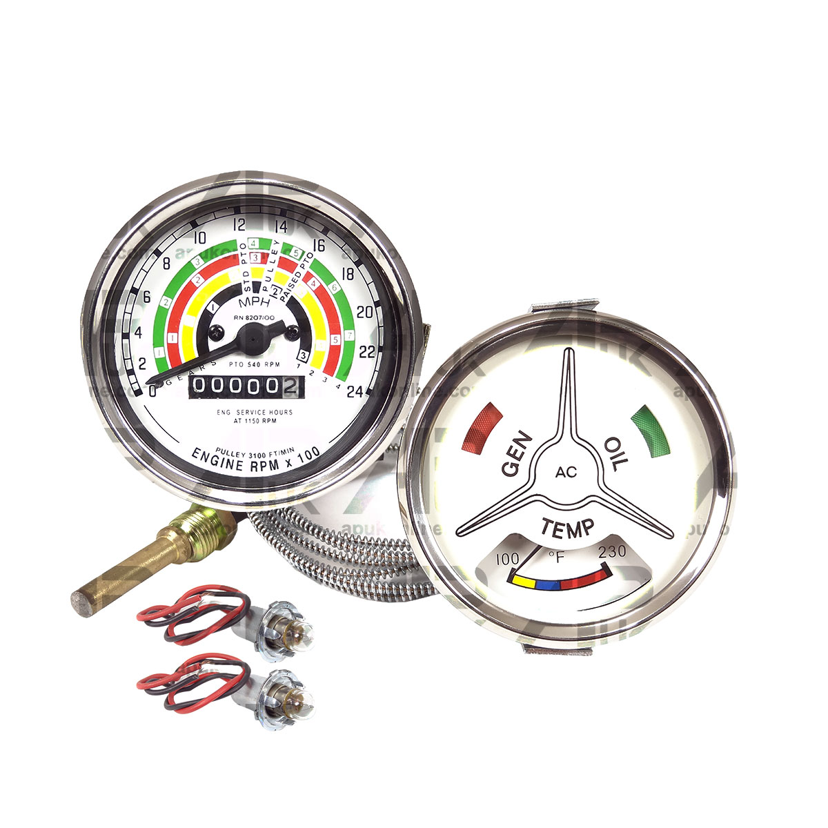 Tachometer CW REV Clock &amp; Water Temperature Gauge + Bulbs for Fordson Tractor