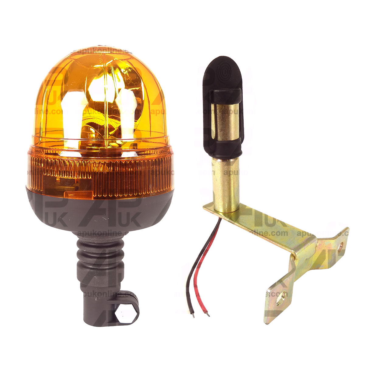 Flashing Amber Beacon Tractor Warning Light &amp; 90 Degree DIN Curved Pole Mount