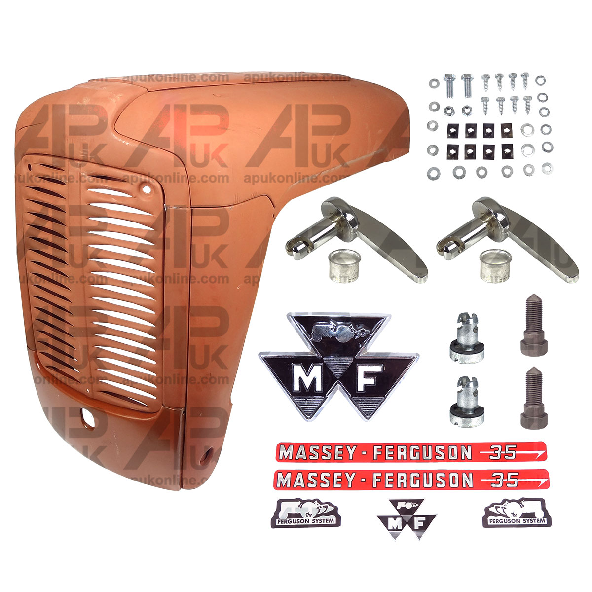 Bonnet Kit &amp; Badge Decals Handles Fixing Screws for Massey Ferguson 35 Tractor