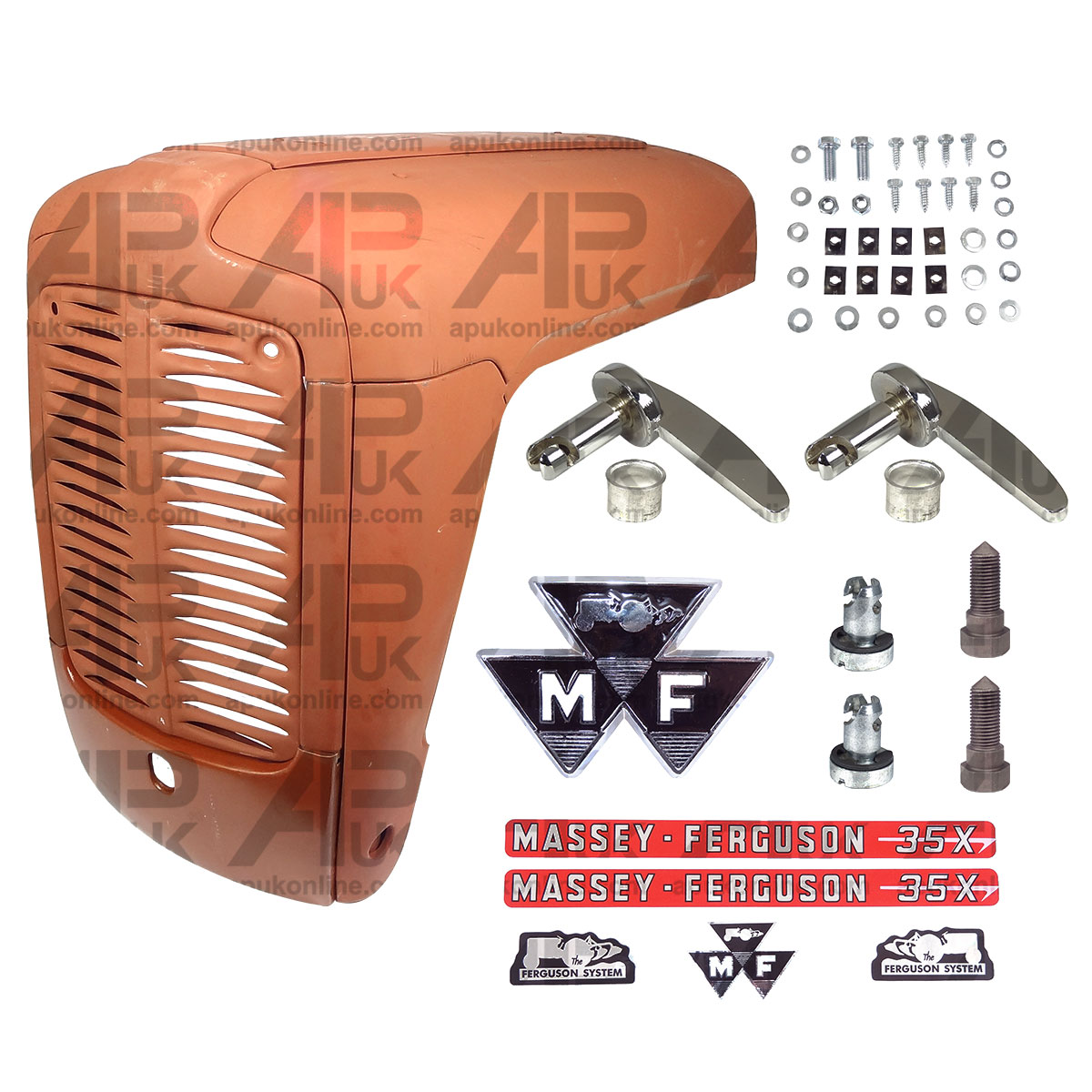 Bonnet Kit &amp; Badge Decals Handles Fixing Screws for Massey Ferguson 35X Tractor