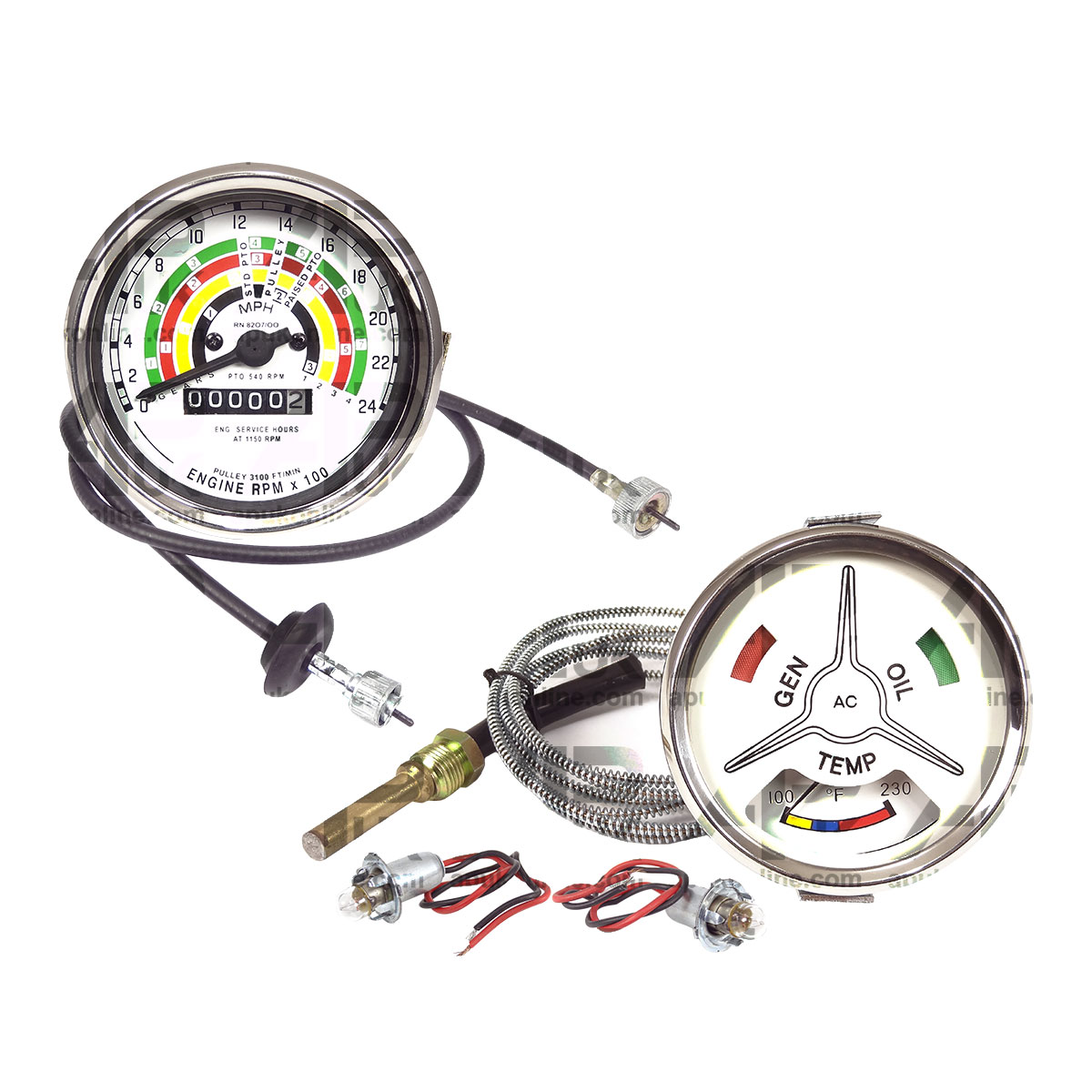 Tachometer CW Rev &amp; Water Temp Gauge &amp; Bulbs &amp; 1220mm Cable for Fordson Tractor