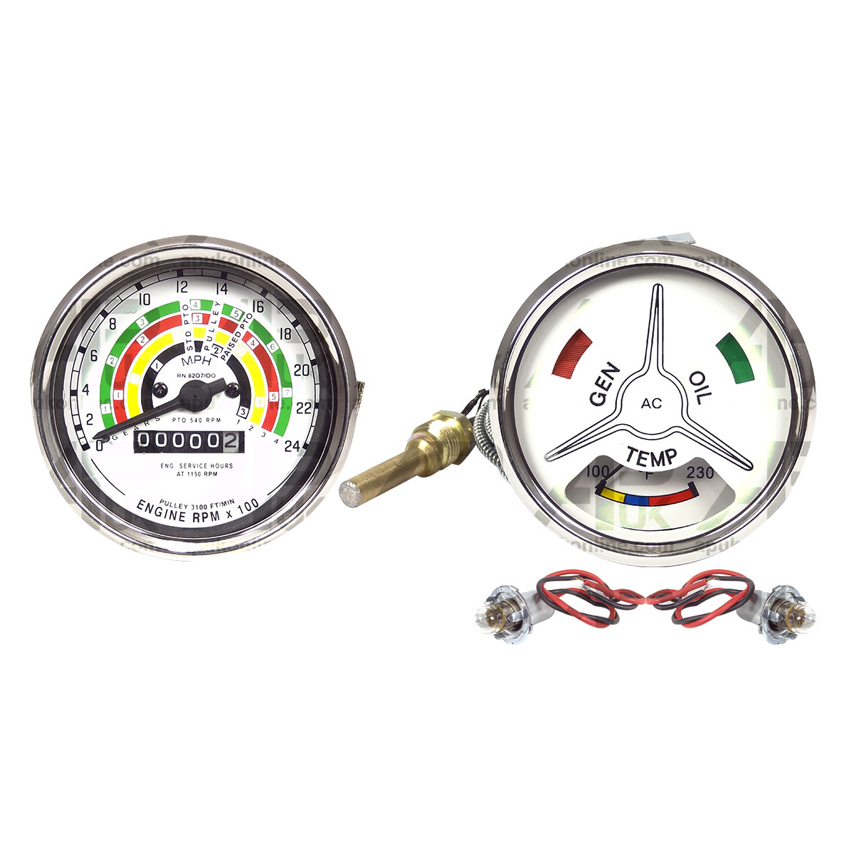 CW Tachometer REV Clock &amp; Water Temp Gauge &amp; Bulbs for Fordson Major Tractor