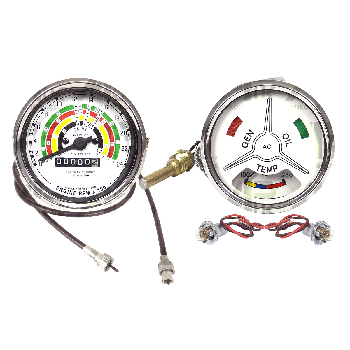 CW Tachometer REV &amp; Bulb &amp; Water Temp Gauge &amp; Cable for Fordson Major Tractor