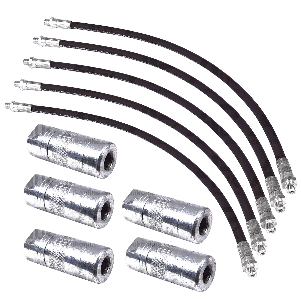 5x M10 Thread Heavy Duty 5800 PSI Flexible Grease Gun Tube Hose 50cm &amp; Coupler