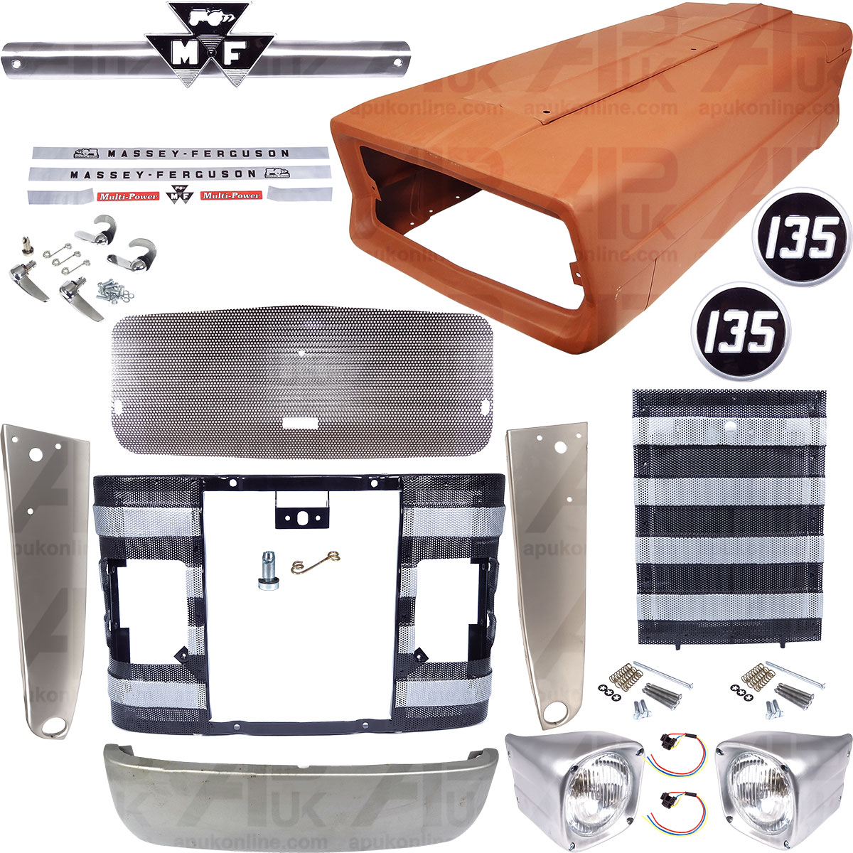 Bonnet &amp; Grille Set With 13&quot; Panels Lights Lamps for Massey Ferguson 135 Tractor