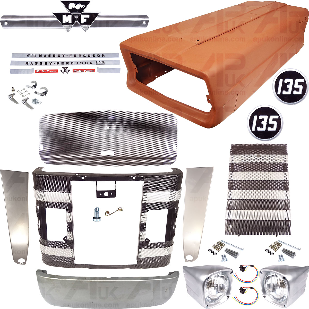 Bonnet &amp; Grille Set With 14&quot; Panels Lights Lamps for Massey Ferguson 135 Tractor