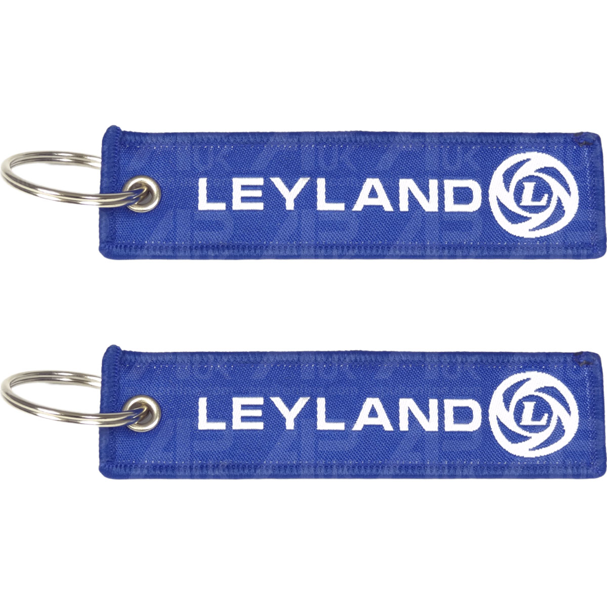 2x Blue &amp; White Ribbon Tag Fabric Woven Keyring Key Chain for Leyland Tractor