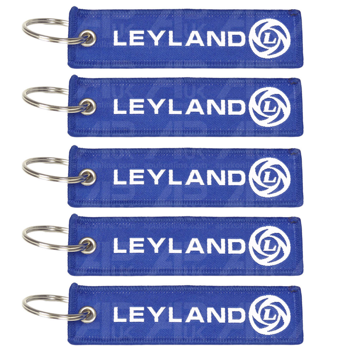 5x Blue &amp; White Ribbon Tag Fabric Woven Keyring Key Chain for Leyland Tractor